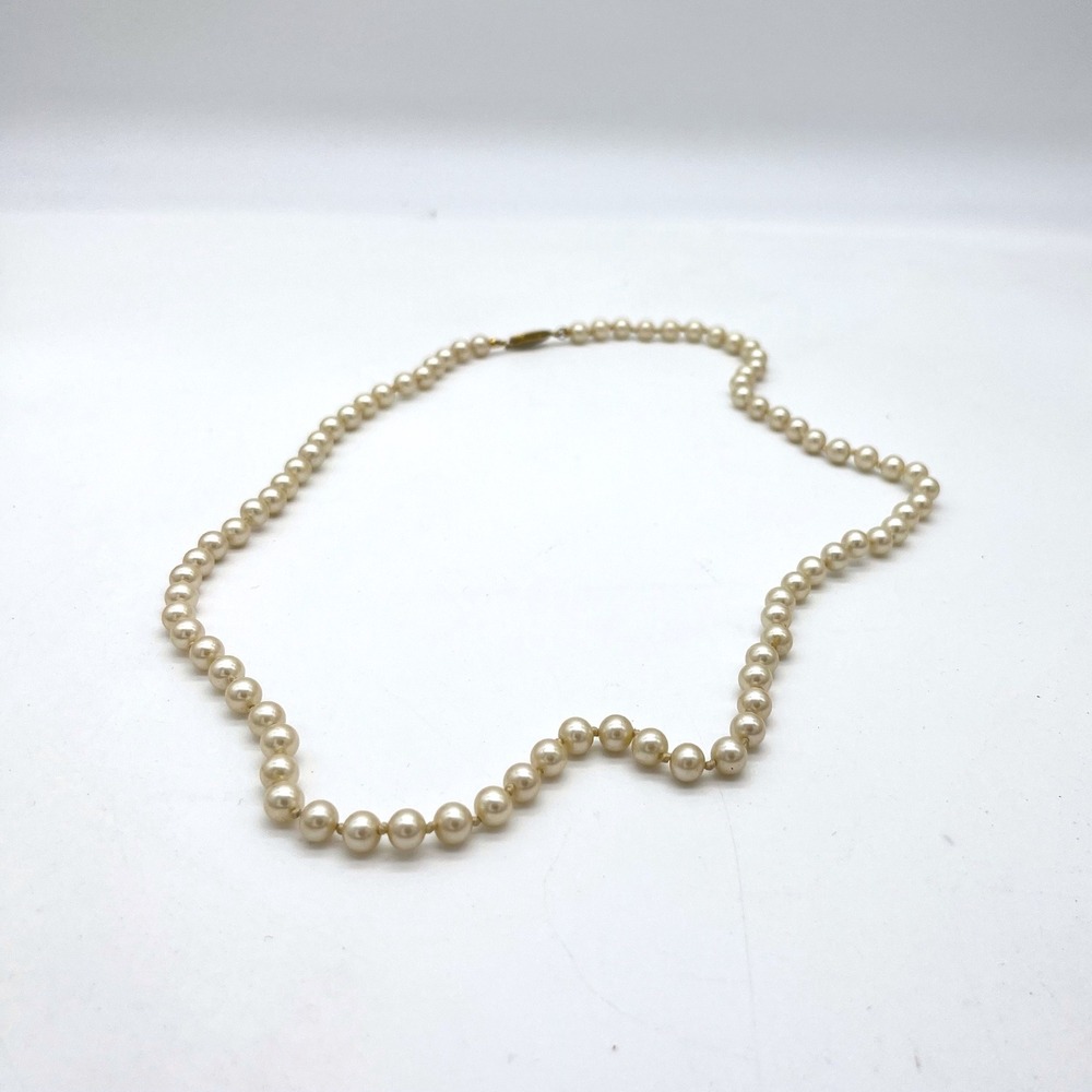 Vintage Style Hand Knotted Glass Pearl Strand Necklace Gold Tone Clasp 24 Inch